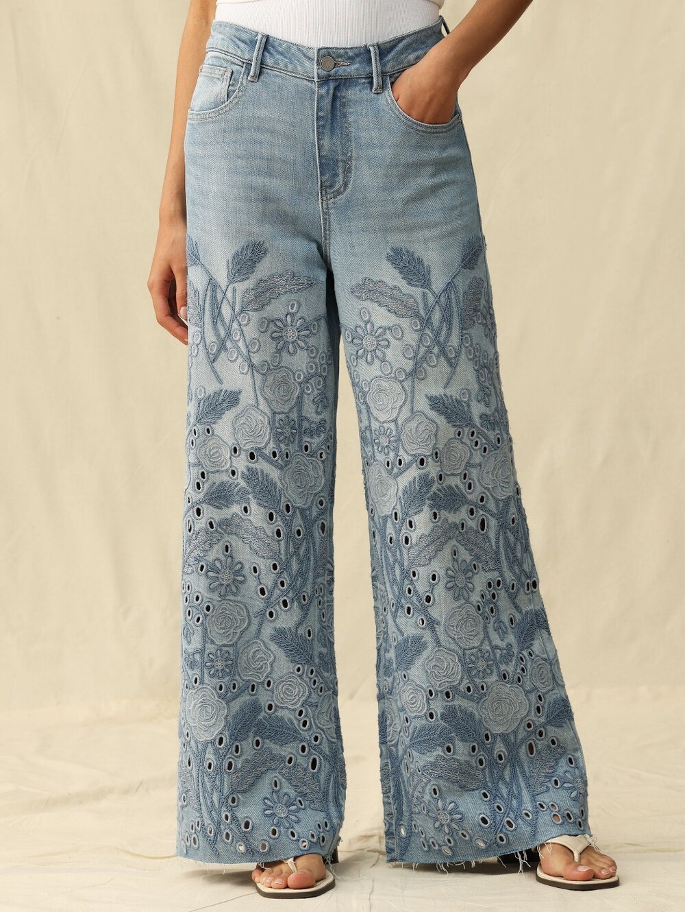 Bayeas Embroidered Light Blue Wide-Leg Jeans
